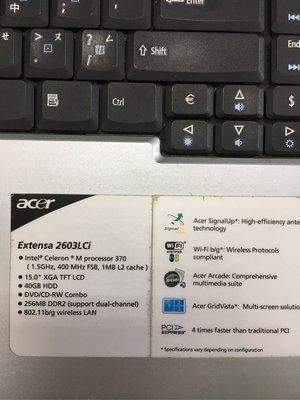 宏碁 Acer 15吋筆電 Note book Extensa 2603LCi 有充電器！沒有電池