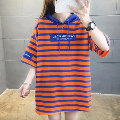 條紋短袖T恤少女夏裝2020年新款初中學生韓版寬鬆薄款連帽T恤上衣服