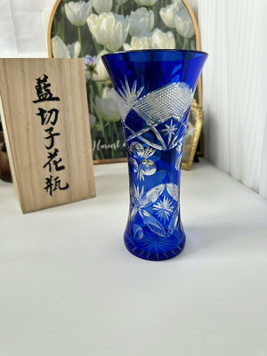 日本vintage中古藍切子玻璃花瓶 藍色切子花器日