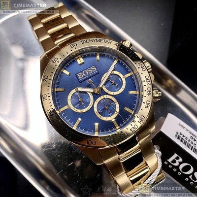 BOSS手錶,編號HB1513340,44mm金色圓形精鋼錶殼,寶藍色三眼, 中三針顯示, 運動錶面,金色精鋼錶帶款