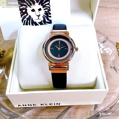 AnneKlein手錶,編號AN00617,36mm玫瑰金圓形精鋼錶殼,黑玫瑰金色簡約, 鏤空錶面,深黑色真皮皮革錶帶