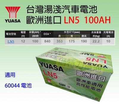 湯淺 YUASA LN5 (60044適用) 歐規 12V 100Ah 免保養電池