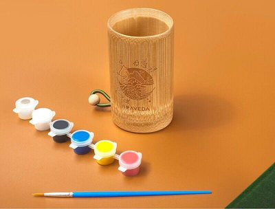 全新 aveda 竹製 手護河溪凹豆杯 筆筒 置物桶 手繪 定價700