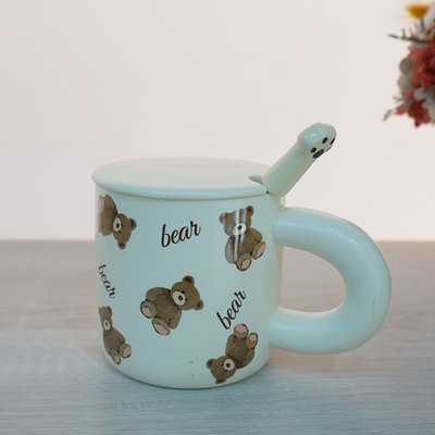 【P.R. CAFE】Just Home｜麵包熊馬克杯360ml(附蓋、湯匙) 咖啡杯 水杯 茶杯 陶瓷