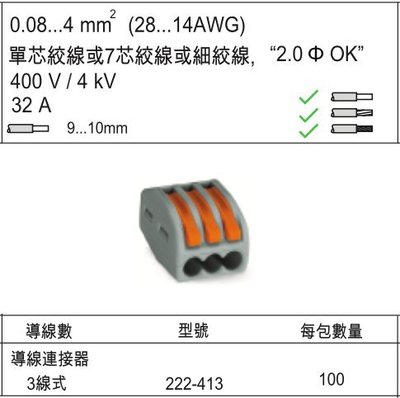 【築光坊】WAGO 222-413(100pcs免運賣場)德國製 電路佈線接線端子 快速接線端子 配線 快速接頭