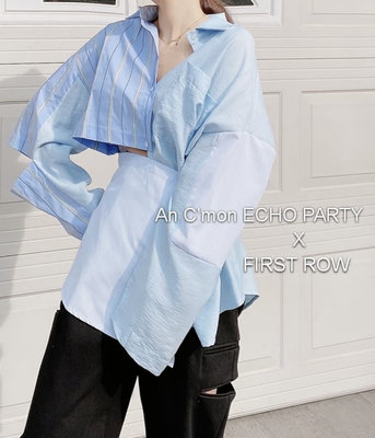 全新 ECHO PARTY 正韓 淺藍色系 個性時尚拼接條紋長袖襯衫