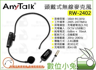 數位小兔【AnyTalk RW-2402 2.4G 頭戴式無線麥克風】無線麥克風 頭戴式 教學 直播 即插即用 公司貨