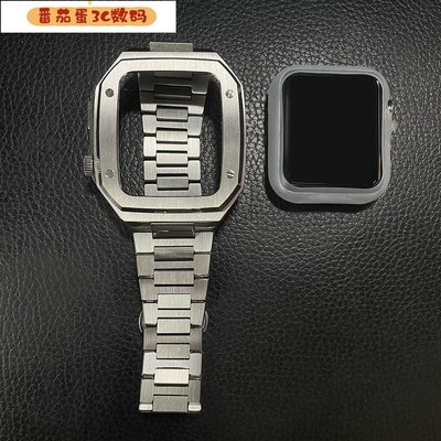 【番茄蛋3C數碼】適用於apple watch金屬錶殼 44mm 45mm蘋果錶殼錶帶蘋果手錶不鏽鋼一體鎧甲金屬錶帶