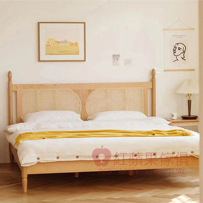 [紅蘋果傢俱] 實木家具 橡木系列 POKQ 藤編床 床架 雙人床 實木床 橡木床架 全實木 北歐風床架