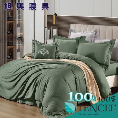 【旭興寢具】TENCEL100%100支頂級尊爵刺繡素色天絲 加大6x6.2尺 薄床包舖棉兩用被五件式組-柳竹綠