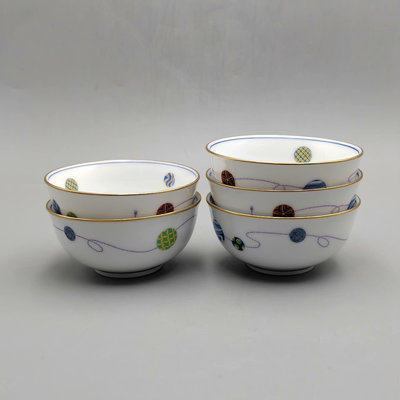 回流精品瓷器日本Noritake則武染錦丸紋描金茶碗茶杯五客