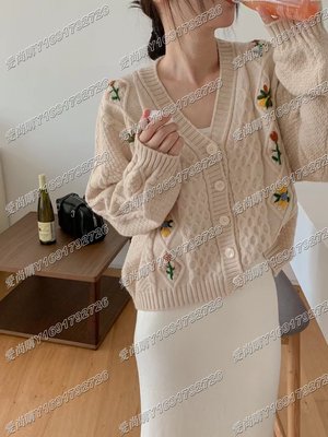 韓國東大門0817早秋裝2022新款復古慵懶刺繡花朵毛衣針織麻花開衫外套長袖上衣女
