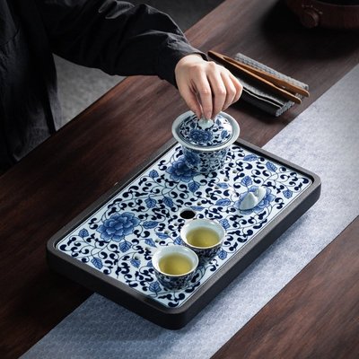 熱銷 烏金石簡約大號長方形茶盤 日式家用儲水排水雙用青花瓷乾泡盤 可開發票