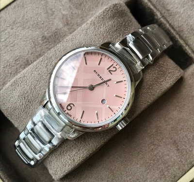 BURBERRY 粉色錶盤 銀色不鏽鋼錶帶 石英 女士手錶 BU10111