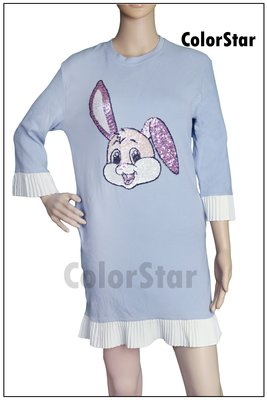 [ColorStar] 正韓 東大門 淺藍色 可愛兔子 亮片 連身洋裝，外出、約會、旅遊穿搭好選擇，喜歡韓風美女別錯過!