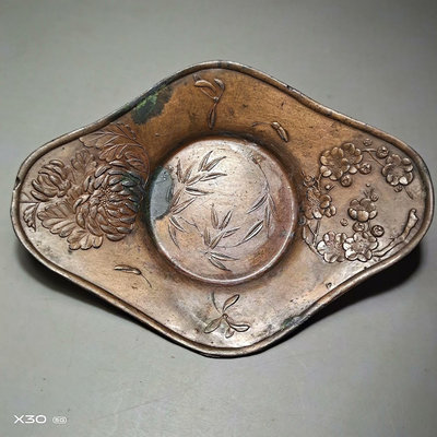 日本回流瓷器 明治時期老錫托，錫鍍銅杯托浮雕