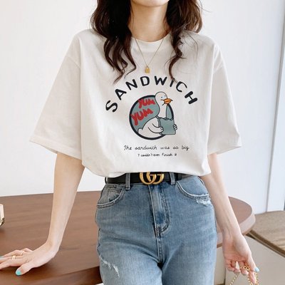 【熱賣精選】白色短袖女T恤夏裝2021年新款韓版卡通印花半袖寬松女士上衣甜酷