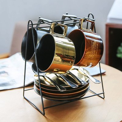 創意美式陶瓷咖啡杯4杯套裝帶碟勺架 歐式茶具茶水杯子馬克杯套組現貨 正品 促銷