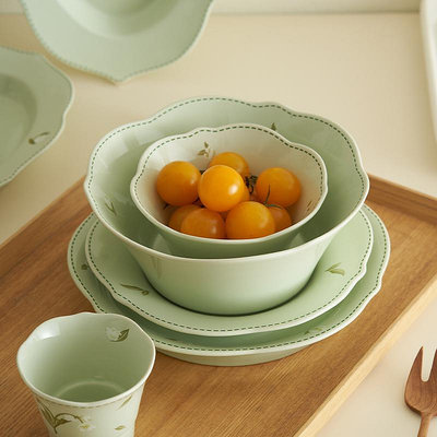 肆月法式鈴蘭花陶瓷餐具特別好看的盤子小眾高顏值花邊平盤菜盤~小滿良造館