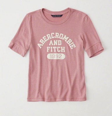 Abercrombie and Fitch A&F 女生經典5分袖 束袖短tee 桃粉紅/白色絨布印刷 厚棉款 全新正品 美國購回 現貨在台 XS號ㄧ件