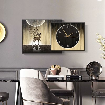 特賣-現代輕奢餐廳裝飾畫抽象創意時鐘掛畫麋鹿飯廳墻面帶鐘表組合壁畫