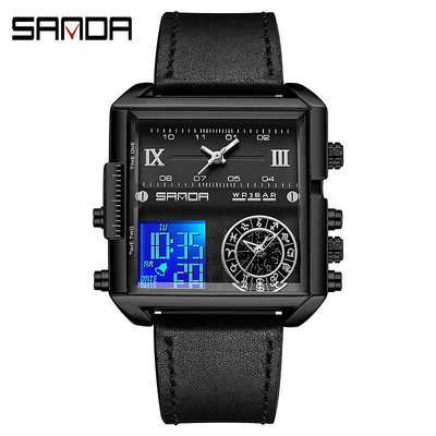現貨男士手錶腕錶三達9008方形錶盤三顯多功能電子錶男士腕錶石英電子雙機芯男腕錶