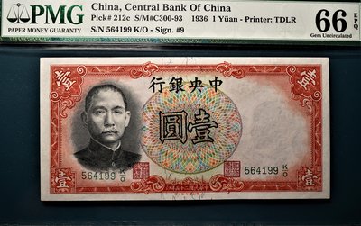 【極罕】PMG 66EPQ 民國25年 1936年 中央銀行 壹圓 一元 紙鈔 英商德納羅版 少見簽名 亞軍分 值得珍藏