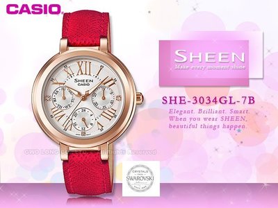 CASIO 卡西歐 手錶專賣店 SHE-3034GL-7B 女錶 紅色 真皮錶帶 三眼 防水 日期 星期