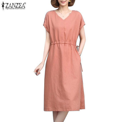 Zanzea 女式韓版日常短袖露肩蕾絲收腰襯衫 V 領連衣裙
