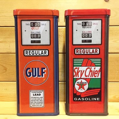 (I LOVE 樂多) 日本進口 GULF、TEXACO 加油機台造型直立式收納盒 鐵盒 共兩款供你選擇
