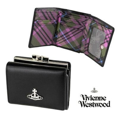 Vivienne Westwood (黑色×經典格紋) 真皮 三摺短夾 皮夾 錢包｜100%全新正品｜特價!
