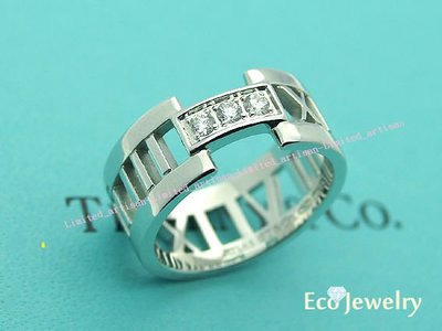 《Eco-jewelry》【Tiffany&amp;Co】 稀有款 寬版羅馬數字三鑽簍空白K金戒指~專櫃真品 未使用