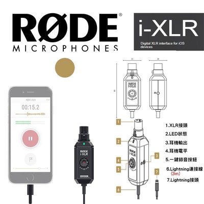 歐密碼 RODE IXLR i-XLR 適用於 iOS 設備的 XLR 接口轉接器 收音麥克風 MIC 錄音