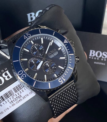 HUGO BOSS 藍色錶盤 鐵灰色不鏽鋼米蘭編織錶帶 石英 三眼計時 男士手錶 1513702