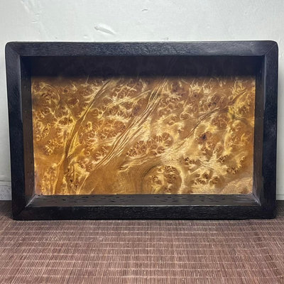 舊藏黑檀木鑲黃金樟木雕刻茶盤擺件 尺寸長30公分 寬20公分 高10公分    192003702