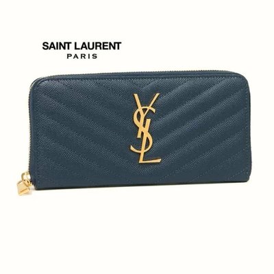 Saint Laurent Paris YSL ( 深藍色×金屬金色LOGO） 真皮壓紋長夾 皮夾 錢包｜100%全新正品
