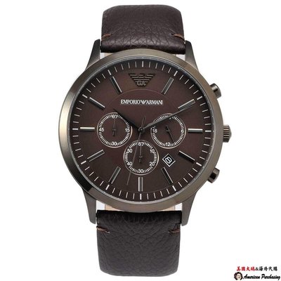潮牌 EMPORIO ARMANI 亞曼尼手錶 AR2462真皮錶帶 三眼計時腕錶 手錶  海外代購-雙喜生活館