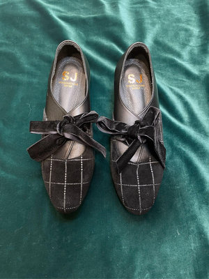 三輝皮鞋台灣製SJ羊皮絨毛布格紋蝴蝶結瑪莉珍低跟鞋，黑色零碼特價現貨MIT