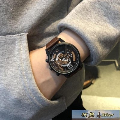 青少年手錶男學生雙飛輪機械鏤空裝飾手錶個性潮流女大錶盤石英錶-促銷