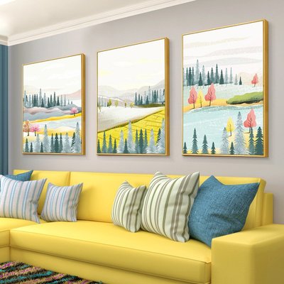 裝飾畫北歐簡約小清新風景插畫裝飾畫客廳沙發背景墻掛畫三聯畫壁畫