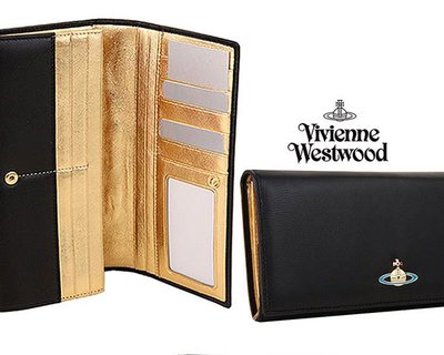 Vivienne Westwood ( 黑色×金色 ) NAPPA 真皮二摺長夾 皮夾 錢包｜100%全新正品｜特價!