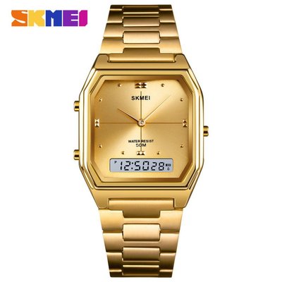 森尼3C-時刻美 SKMEI 經典款 金錶 女錶 男錶 石英手錶 雙顯示手錶 50M 防水手錶 不鏽鋼手錶 金錶-品質保證