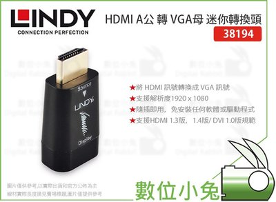 數位小兔【LINDY 林帝 HDMI A公 轉 VGA母 迷你轉換頭】38194 迷你 轉換頭 HDMI VGA