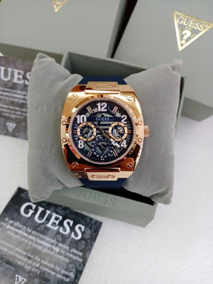 GUESS Prodigy 玫瑰金色 黑色鏤空錶盤 藍色矽膠錶帶 石英 男士手錶 GW0569G3