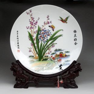 INPHIC-景德鎮陶瓷裝飾 擺飾看盤掛盤果盤 粉彩青花瓷 梅蘭好合盤子 35cm