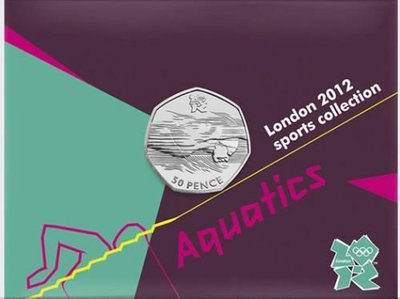 【熱賣精選】英國 2012年 倫敦奧運會比賽項1 游泳 50便士 卡裝 紀念幣 UNC