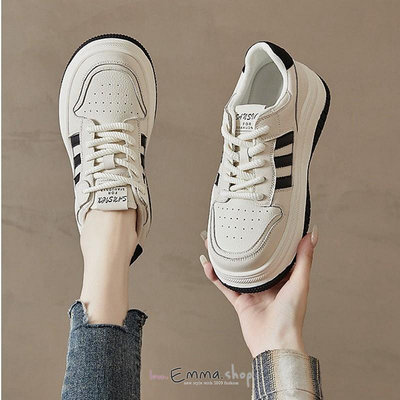 EmmaShop艾購物-韓國同步上新-真皮百搭三線厚底潮板鞋/休閒鞋