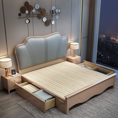 特賣-實木床現代簡約1.8米美式輕奢雙人床主臥室歐式真皮儲物婚床1.5米