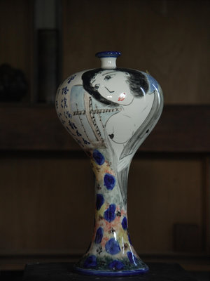 「上層窯」鶯歌製造 黃明漢作品 人物書法 彩繪花瓶 瓷器 A1-23