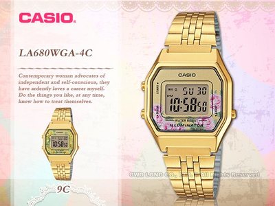 CASIO 卡西歐手錶專賣店 國隆 LA680WGA-4C 電子女錶 不鏽鋼錶帶 玫瑰花圖樣 防水 碼錶功能 全自動月曆 LA680WGA